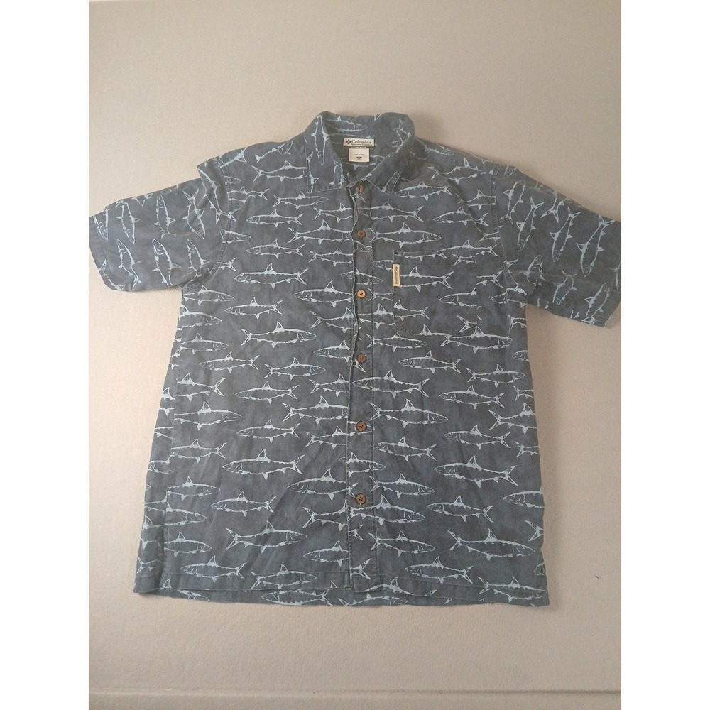 Vintage Columbia mens medium shirt short sleeve blue AOP Sharks  button up!!